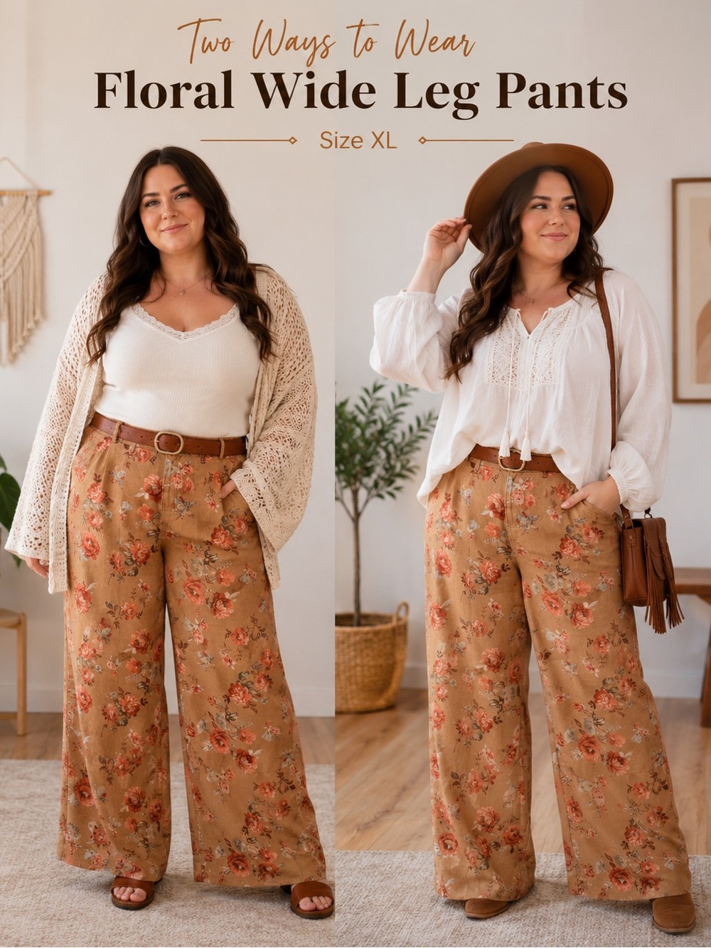Floral Wide Leg Pants in Camel